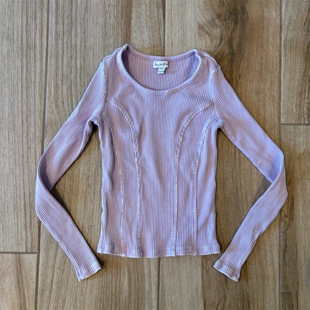 Love, Fire Top Womens Size S Lavender Purple Ribbed Long Sleeve Scoop Neck